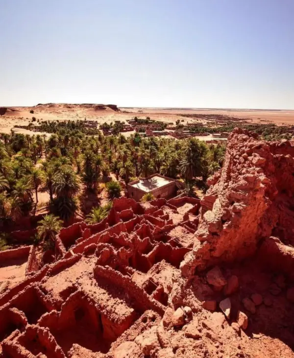 Vestiges d'un ksar en terre rouge dominant la palmeraie