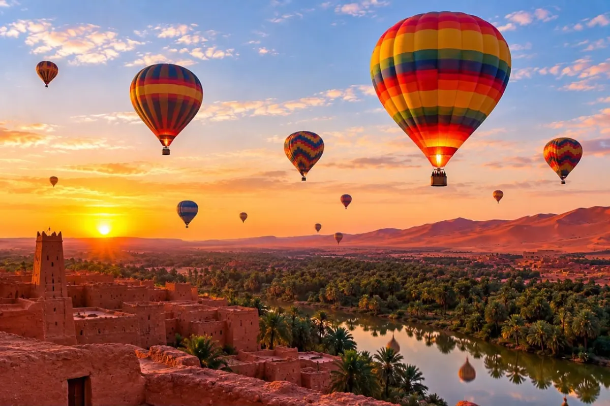Montgolfières au-dessus du ksar et de l'oasis au coucher du soleil