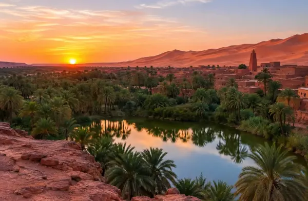 Lac d'oasis entouré de palmiers au coucher du soleil
